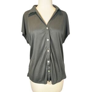 Vintage Y2K Black Button Front Blouse Cap Sleeve Draped Top Green Envelope M